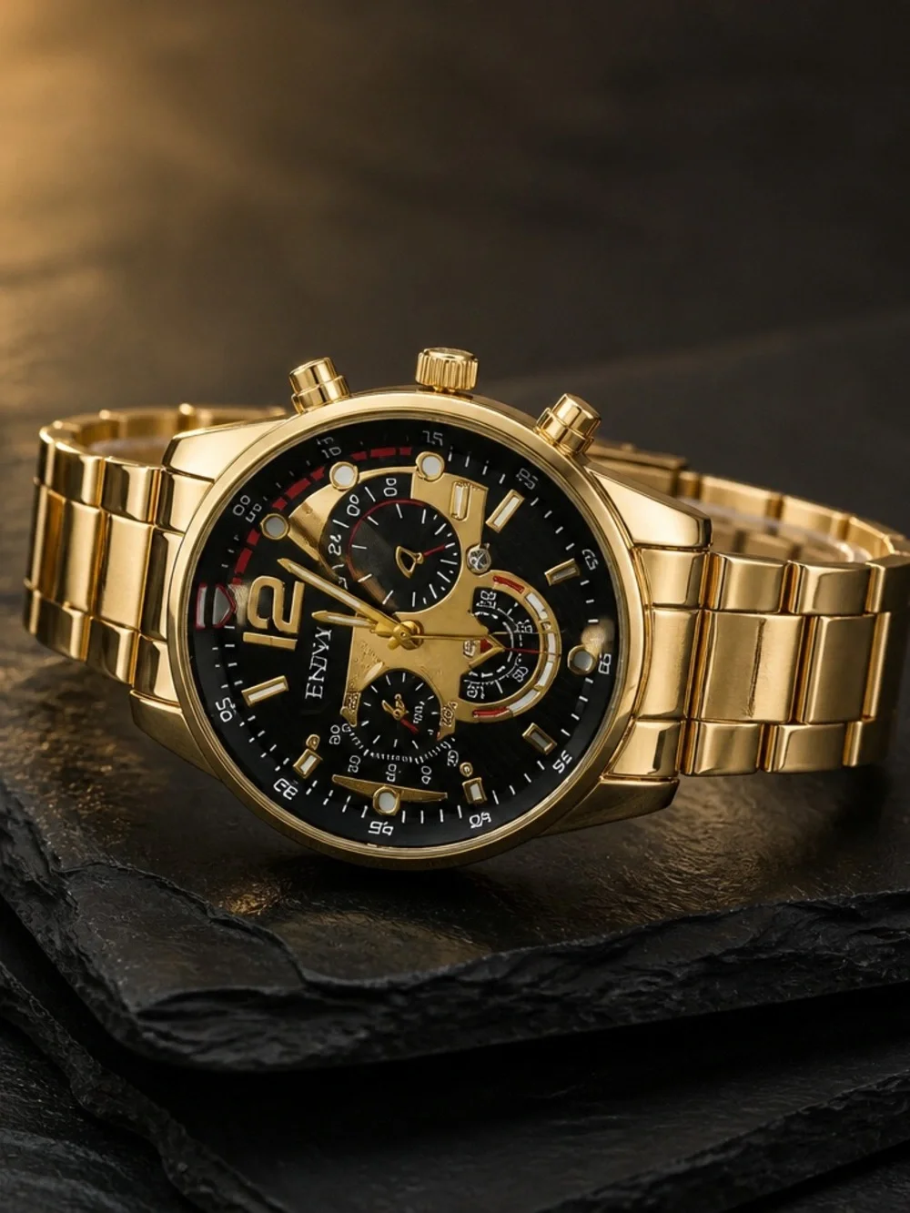 Geneva Men’s Gold Luxury Wrist Watch Round Dial 3 Time Zone Quartz NWT